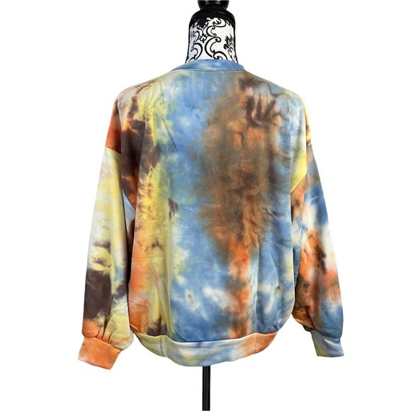 All In Favor Women's Tie Dye Blue Orange Crew Neck Pullover Sweatshirt Small - Picture 4 of 6